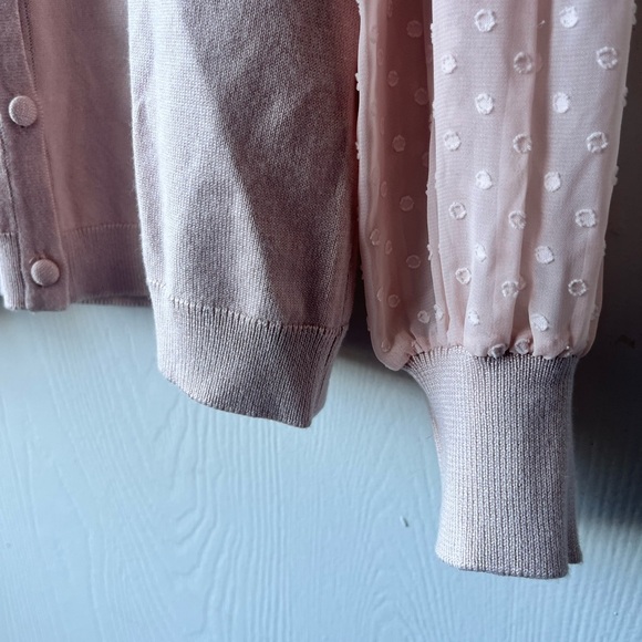 ADRIANNA PAPELL Blush Pink Button-Down Cardigan with Sheer Polka Dot Sleeves NWT - Picture 6 of 12